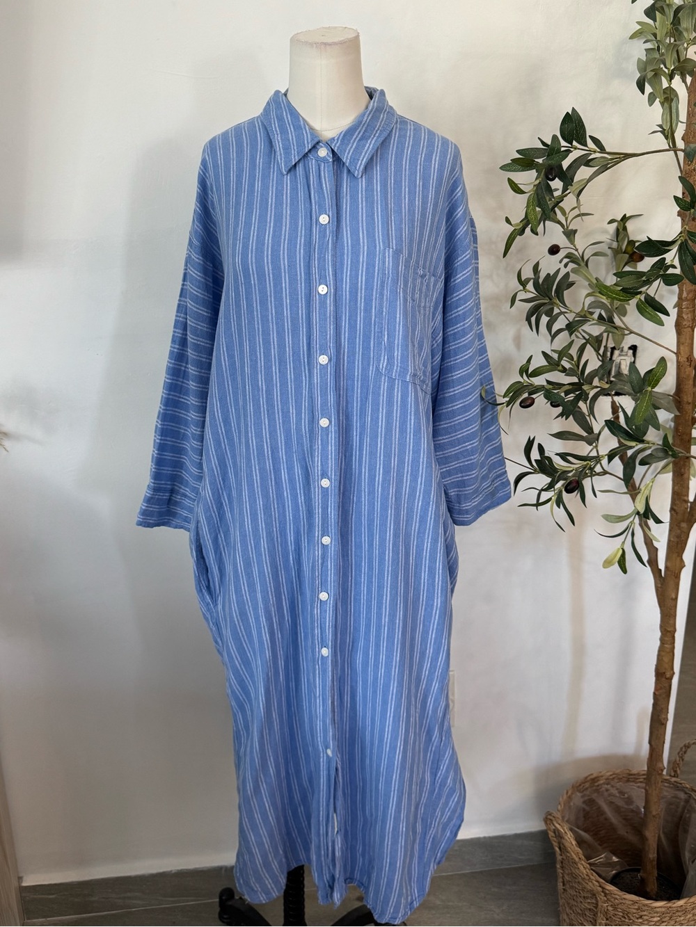 Universal Thread Blue Striped Linen Blend Oversized Maxi Shirt Dress XL